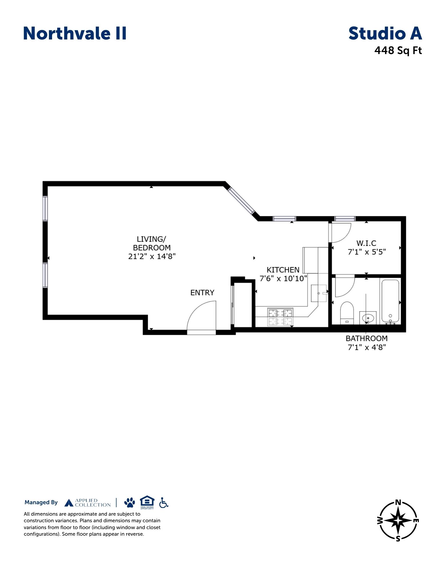 Floor plan for studio, 1 bath, 448 sqft